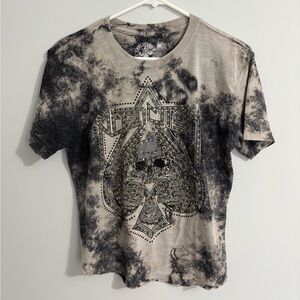 Affliction Live Fast Womens T Shirt Rhinestones Tie Dye Small Skull Spade Gray